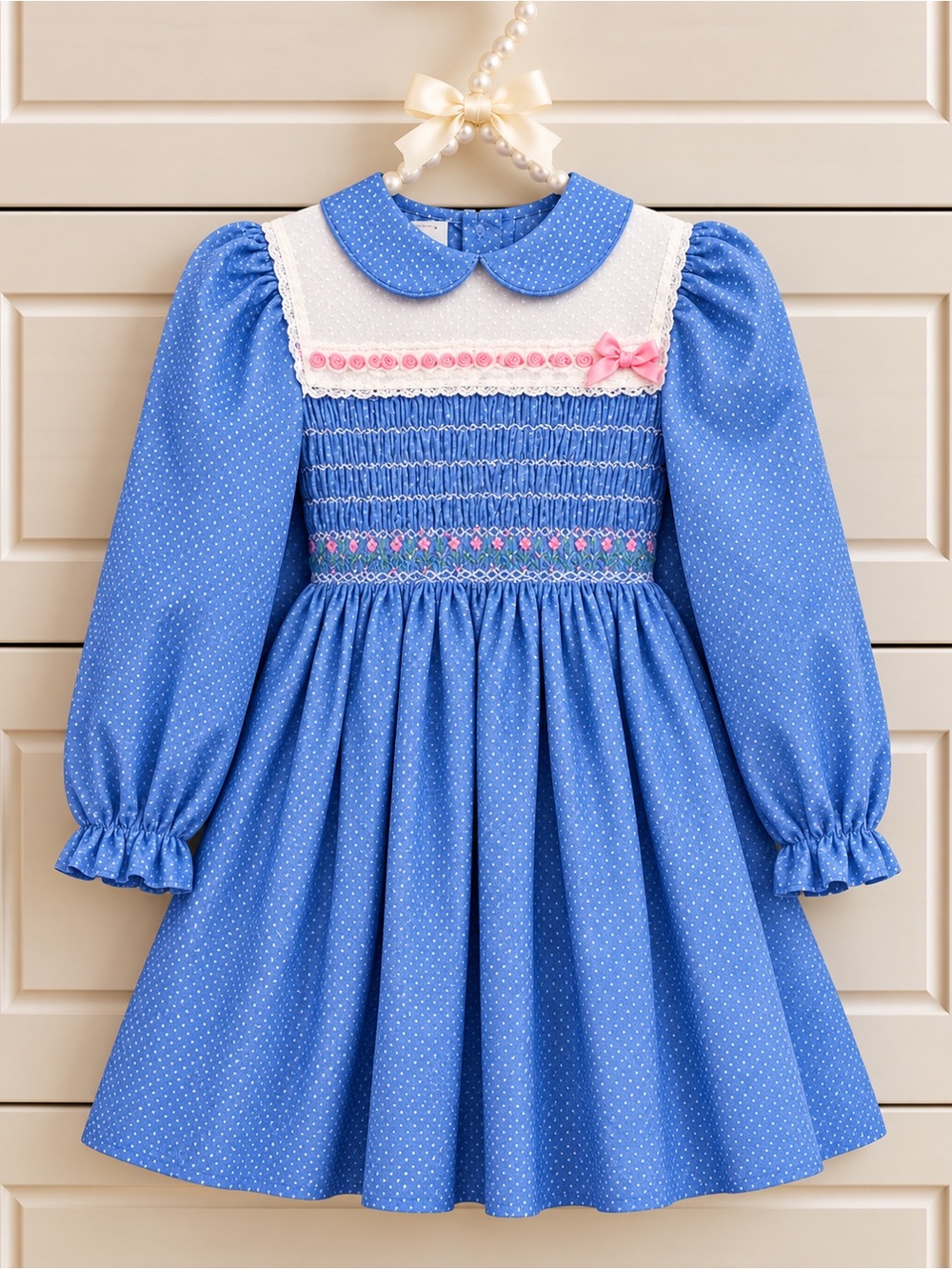 Rare Vintage Polly Flinders Hand Smocked Dress Girls 10 Blue Polka Dot Heirloom
